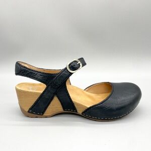 Dansko Womens 39 8.5 Tiffani Sandals Black Leather Mary Jane Wedge Clogs Retro